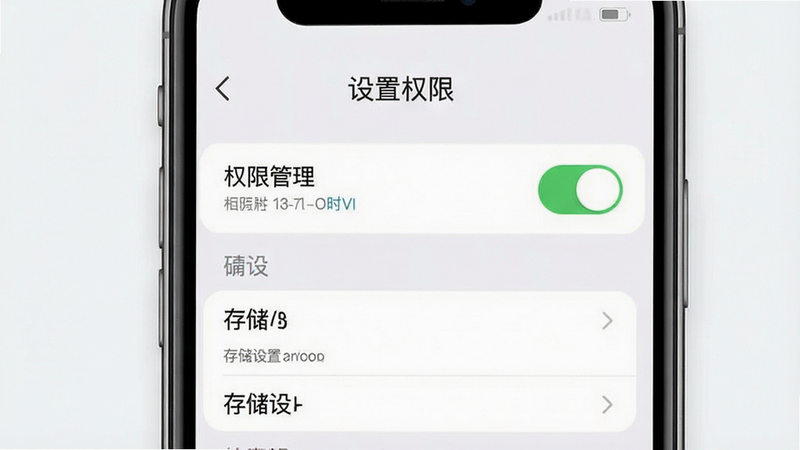 主体为手机设置界面示意图,布局为竖屏列表,风格为简洁UI设计,细节包含权限管理开关与存储设置,画质清晰,干净,无多余元素,文字“设置权限”