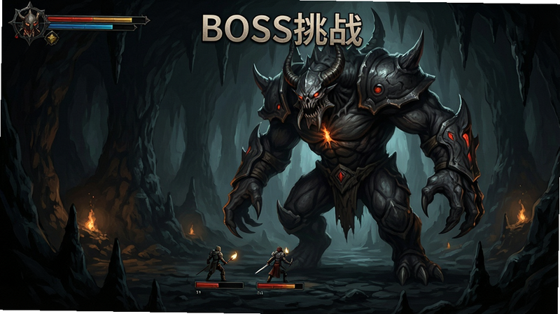 主体为BOSS战斗界面,布局为全屏展示,背景为昏暗的洞穴,风格为暗黑奇幻,细节包含BOSS的巨大身躯与玩家的小身影对比,画质高清,干净,无多余元素,文字“BOSS挑战”