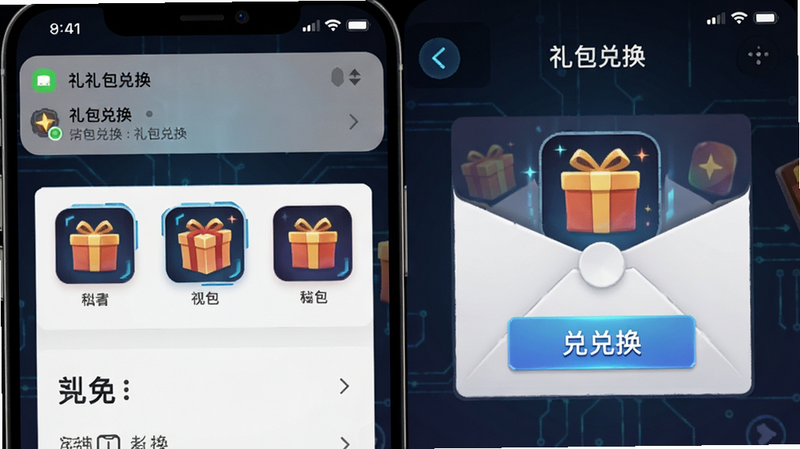 主体为手机通知栏与游戏内邮件界面,布局为分屏显示,风格为科技感,细节包含礼包图标与兑换按钮,画质高清,干净,无多余元素,文字“礼包兑换”