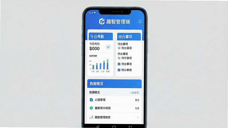 一张展示“趣智管理端”应用主界面的高清截图,主体为安卓手机屏幕,布局清晰,顶部显示“趣智管理端”Logo,中间区域分为“今日考勤”、“待办事项”和“数据概览”三个卡片模块,风格为现代简约商务风,配色以蓝白为主,细节处展现数据图表与列表项,画质清晰,无多余装饰元素,干净背景