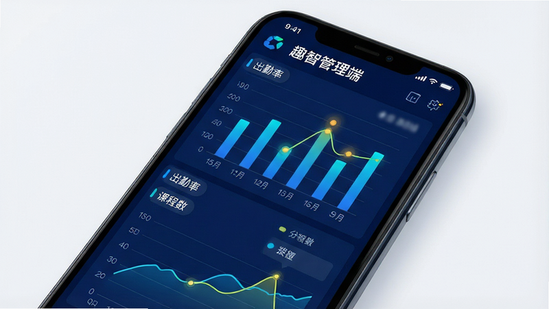 一张展示“趣智管理端”数据分析界面的概念图,主体为手机屏幕,布局呈现柱状图与折线图的组合,排版紧凑有序,风格科技感强,细节展示“出勤率”、“课程数”等数据标签,色彩使用深蓝色背景与亮色数据点对比,画质高分辨率,无杂乱背景,干净利落