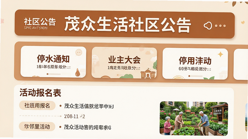 主体为茂众生活社区公告页,布局上方为醒目的公告标题栏,中间滚动显示“停水通知”、“业主大会”等卡片,下方为活动报名列表,配图展示社区花园场景,风格温馨社区风,细节处体现信息的层级分类,画质高保真,干净,无多余元素,文字包含“社区公告”、“茂众生活”、“邻里活动”