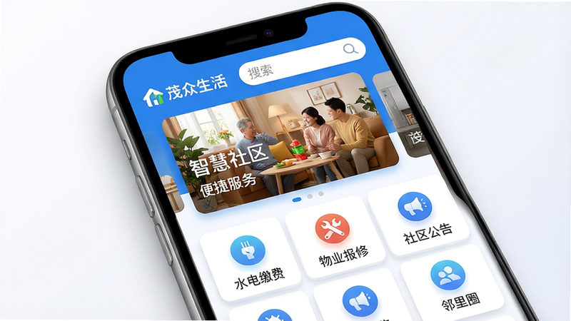 主体为茂众生活App手机界面展示图,布局采用现代扁平化设计,顶部导航栏清晰显示“茂众生活”Logo及搜索框,中间轮播图展示温馨社区场景,下方网格排列“水电缴费”、“物业报修”、“社区公告”、“邻里圈”等核心功能图标,色彩以蓝白为主色调,搭配柔和阴影,风格简约科技,细节处体现高清UI质感,画质4K,干净无多余元素,文字内容包含“茂众生活”、“智慧社区”、“便捷服务”