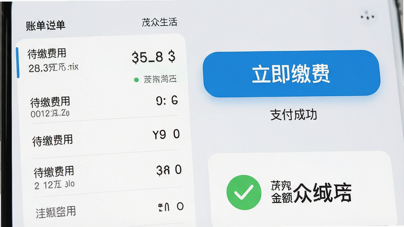 主体为茂众生活App账单页面特写,布局左侧显示当前月账单明细列表,右侧突出显示“立即缴费”大按钮,底部展示支付成功打勾图标及金额数字,背景为浅灰色渐变,风格清晰直观,细节处强调数字显示的清晰度,画质高清,干净,无多余元素,文字包含“待缴费用”、“支付成功”、“茂众生活”