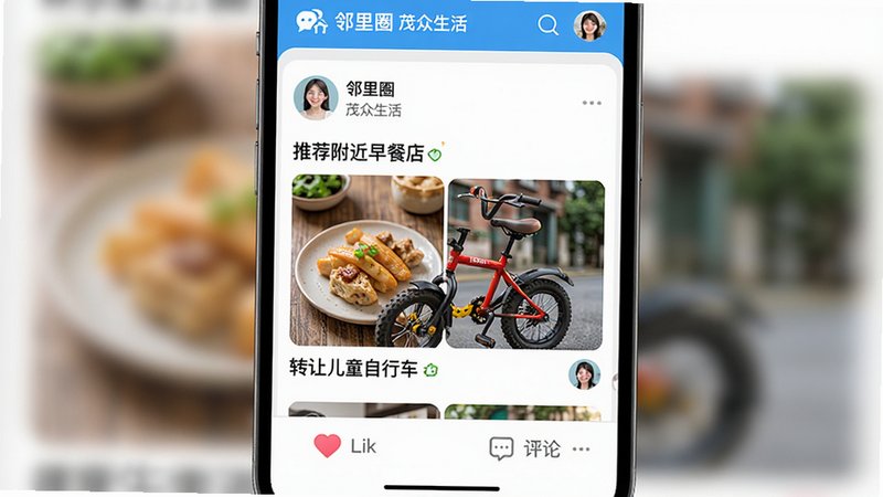 主体为茂众生活邻里圈界面,布局类似社交媒体信息流,显示用户头像、昵称及发布的图文内容,如“推荐附近早餐店”、“转让儿童自行车”,底部点赞和评论图标,风格活泼社交风,细节处体现互动的热度,画质清晰,干净,无多余元素,文字包含“邻里圈”、“茂众生活”、“分享生活”