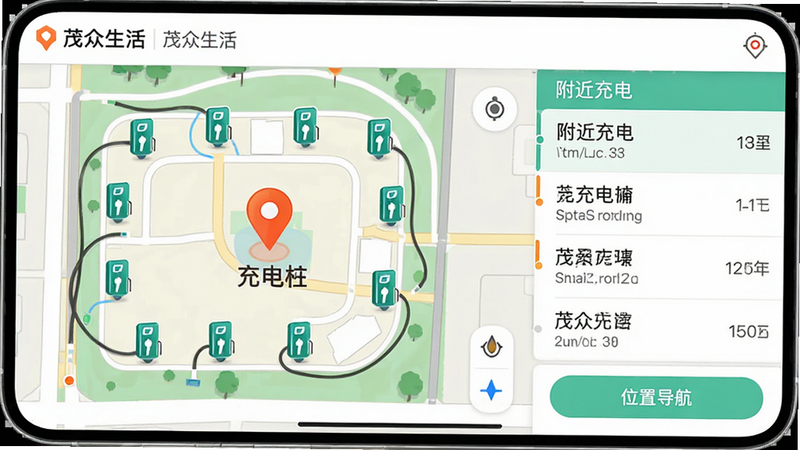 主体为茂众生活App地图界面,布局显示小区平面图及标注的“充电桩”图标,右侧列表显示附近充电设施名称及距离,风格地图导航风,细节处体现定位标记的醒目性,画质高清,干净,无多余元素,文字包含“附近充电”、“茂众生活”、“位置导航”