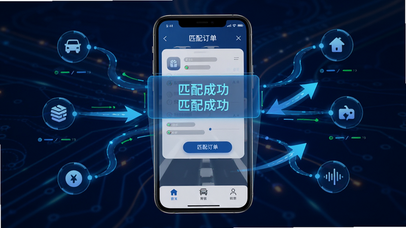 ����Ϊ������ͨ˾��APP�������ɵ�����ʾ��ͼ������չʾ�ֻ���Ļ���뵯����ƥ�䶩�����ڣ���Χ�����Ŵ����㷨�߼������������ͽڵ㣬����Ϊ����ɫ�Ƽ��磬���Ϊ���ֻ����ӻ���ƣ�ϸ�ڰ���������ʾ�ġ�ƥ��ɹ�����������̬��ͷָʾ����������������ɫ����