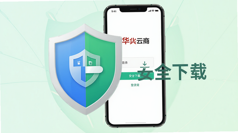 安全盾牌图标与手机屏幕结合的设计图,手机显示大华云商登录界面,背景为淡绿色,象征安全与信任,文字“安全下载”清晰可见,风格简洁现代,高清,无杂乱元素
