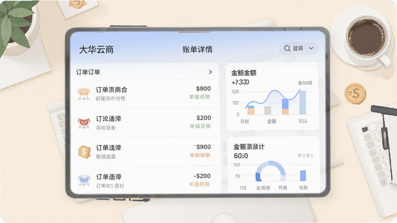 扁平化设计图,展示大华云商App中的账单详情页面,包含清晰的订单列表、金额统计图表,背景为浅色办公桌面,象征财务清晰透明,风格简约现代,色彩柔和,高清矢量质感