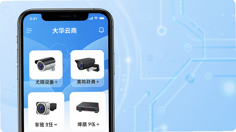 一张展示大华云商App界面的高清设计图,主体为手机屏幕,显示着简洁现代的安防设备商城首页,背景为淡蓝色科技渐变,界面中包含摄像头、硬盘录像机等安防产品图标,布局清晰,风格专业商务,细节精致,8k分辨率,无多余元素
