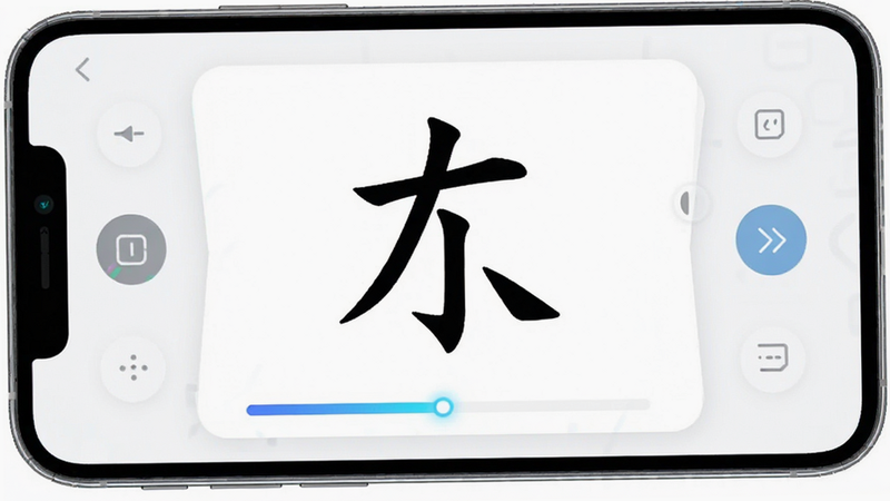 手机APP操作界面,主体为单字练习卡片,布局中心突出一个大字,周围有简单的控制按钮,排版清晰直观,风格科技感与人文结合,细节显示动画进度条,画质细腻,干净,无多余元素,alt:硬笔临帖预览图
