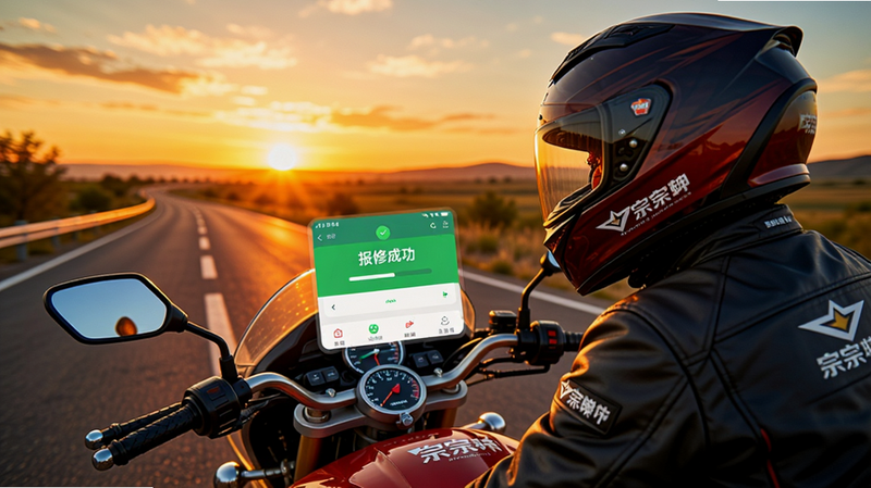 摩托车骑手佩戴全盔坐在宗申摩托车上,背景是夕阳下的公路,APP界面悬浮在摩托车仪表盘上方,显示“报修成功”的状态提示,画面温馨且充满科技感,色彩饱和度高,细节丰富,无多余文字