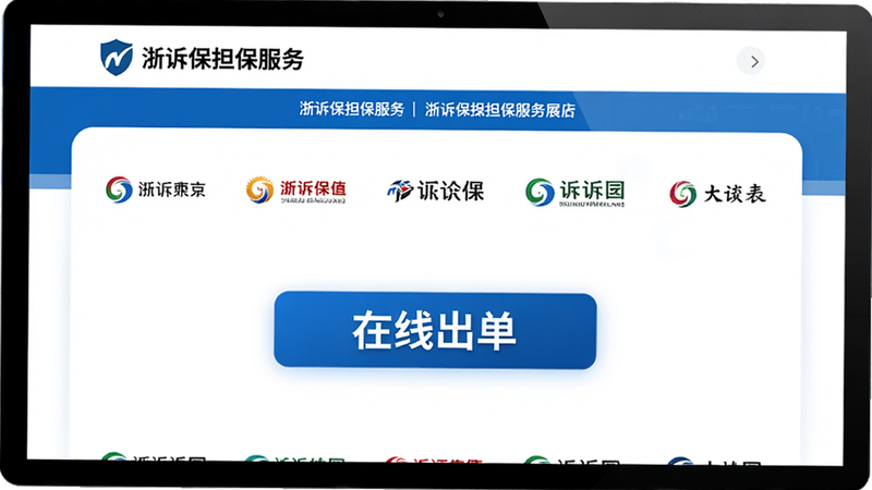 浙诉保担保服务页面展示,显示多家保险公司Logo排列,中间突出“在线出单”按钮,背景为白色,蓝色点缀,专业商务风格,文字清晰,高分辨率