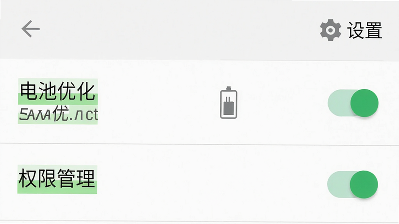 主体是一个手机设置界面的截图,显示“电池优化”和“权限管理”选项,布局为列表形式,排版整齐,风格为原生安卓UI风格,细节包括开关按钮的绿色状态和文字的高亮显示,画质清晰,干净,无多余元素,右上角有