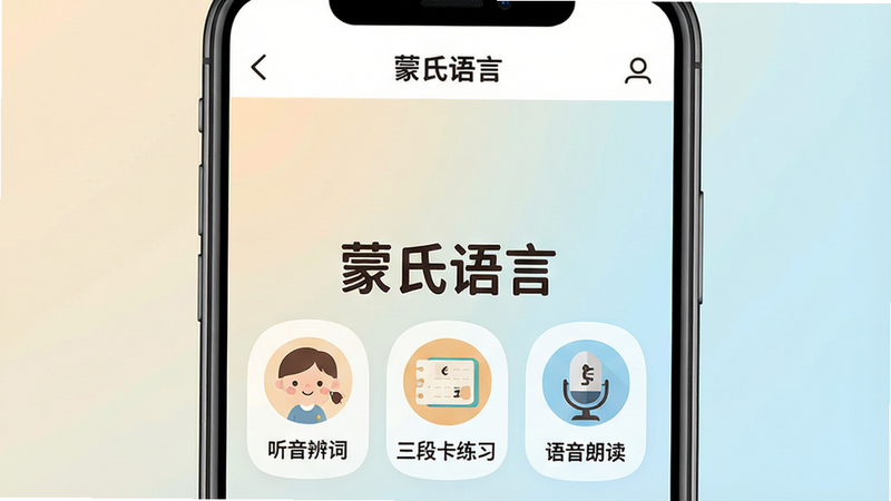 主体为手机屏幕界面,显示“蒙氏语言”APP首页,背景为柔和的米色与浅蓝色渐变,顶部有清晰的导航栏,中间区域展示三个核心功能模块图标,分别是“听音辨词”、“三段卡练习”和“语音朗读”,图标设计简洁可爱,采用扁平化风格,无多余装饰,画面中心突出软件名称,整体布局对称平衡,高清渲染,干净无噪点