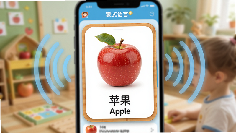 主体为“蒙氏语言”APP内部操作界面,展示一个放大的单词卡片,卡片中央是苹果的清晰图片,下方显示中文“苹果”和英文“Apple”,周围环绕着声波扩散的视觉效果,象征声音播放,背景虚化处理,突出前景卡片,色彩鲜艳且和谐,细节丰富,无文字水印,高清摄影风格