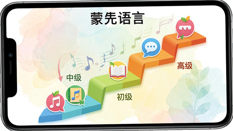 主体为“蒙氏语言”APP的课程进度页面,显示一条蜿蜒向上的阶梯式路径,阶梯上分布着不同的关卡图标,如音符、书本、对话气泡,路径旁标注着“初级”、“中级”、“高级”字样,背景为淡雅的水彩画风格,整体布局清晰直观,色彩明快,无杂乱元素,高清矢量插画风格