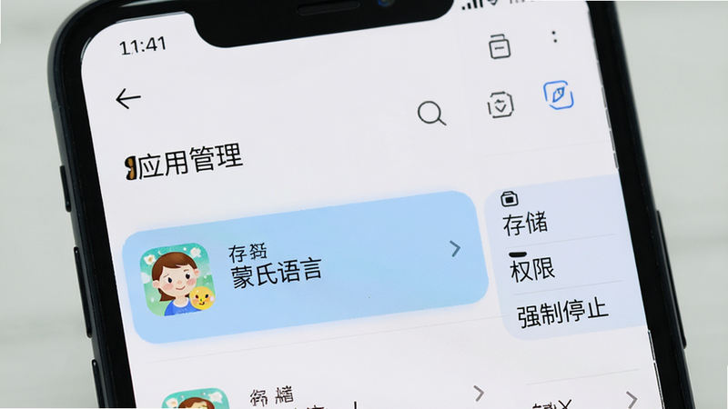 主体为手机设置界面,显示“应用管理”列表,高亮显示“蒙氏语言”应用,旁边有“存储”、“权限”、“强制停止”等选项,背景简洁,文字清晰,布局规范,无多余图标,高清UI设计风格