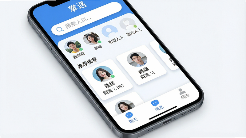 一张高质量的手机应用界面展示图,主体为“掌遇”APP的主屏幕界面,布局清晰,顶部显示搜索栏和附近的人列表,中间是推荐的用户卡片,包含头像、昵称和距离信息,底部有聊天、消息、我的三个主要导航图标。整体风格为现代扁平化设计,色调以清爽的蓝白色为主,细节处展现柔和的阴影效果,画质高清,干净无多余元素,文字标注为“掌遇”