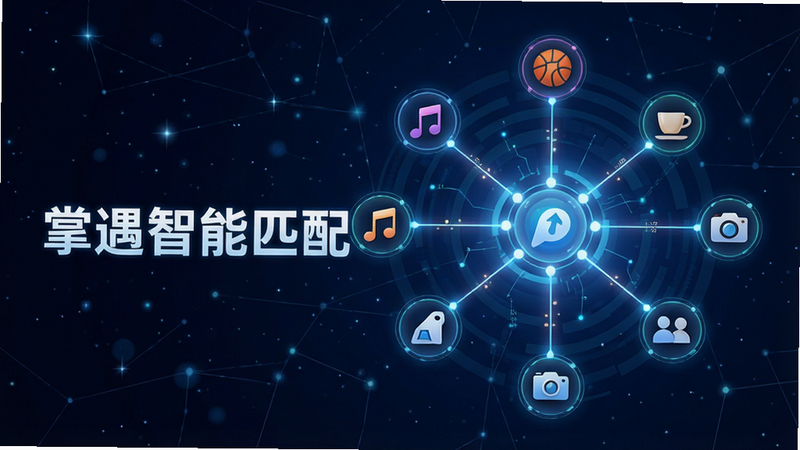一张概念插画,画面中心是一个发光的连接节点,周围环绕着多个代表不同兴趣标签的小图标,如音乐、篮球、咖啡、摄影等,这些图标通过光线与中心节点相连,背景为深蓝色科技感星空,象征智能匹配算法。画面左侧显著位置显示白色文字“掌遇智能匹配”,整体风格科技感强,构图平衡,细节精致,高清渲染,无杂乱背景
