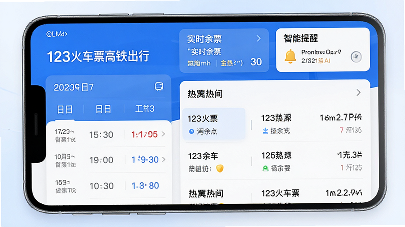 软件界面全景图,主体为“123火车票高铁出行”APP首页,布局清晰,左侧为日期选择栏,右侧为热门城市列表,顶部显示“实时余票”与“智能提醒”模块,风格现代简约,蓝白配色,细节精致,4k高清,无多余元素