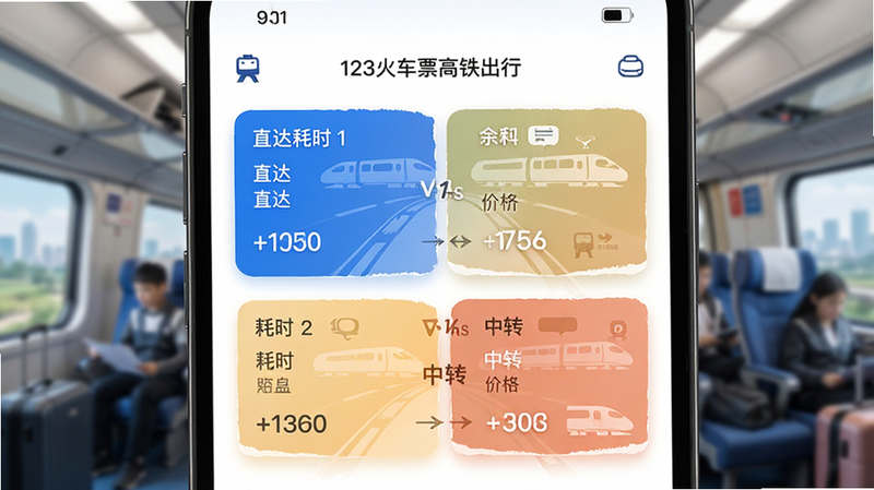行程规划界面,主体为“123火车票高铁出行”APP的路线推荐页,布局为卡片式,展示直达与中转两种方案,对比耗时与价格,风格清新,细节丰富,高清