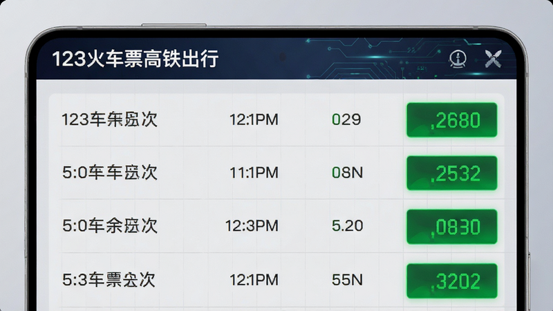 数据监控界面,主体为“123火车票高铁出行”APP的余票监控页,布局为列表形式,每行显示车次、时间、余票数量,余票数字用绿色高亮,背景为浅灰色网格,风格科技感,细节清晰,高清