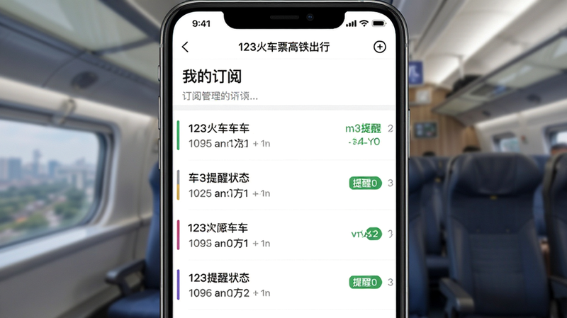 订阅管理界面,主体为“123火车票高铁出行”APP的我的订阅页,布局为列表,显示已订阅的车次及提醒状态,风格简洁,细节清晰,高清