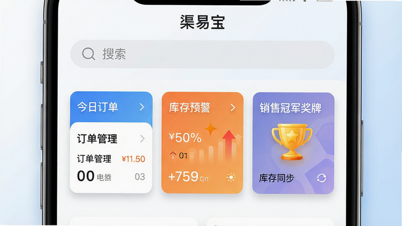 主体为手机屏幕界面,显示“渠易宝”App的主页,背景为简洁的白色和浅蓝色渐变,布局清晰,顶部有搜索栏,中部展示“今日订单”、“库存预警”、“销售冠军奖牌”三个核心模块卡片,排版整齐,风格现代简约商务风,细节处有微阴影效果,画质高清,干净,无多余元素,文字显示“渠易宝”、“订单管理”、“库存同步”