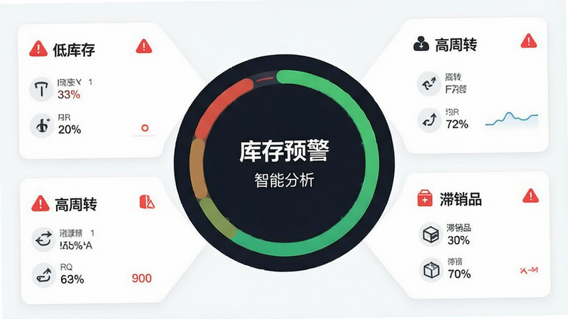 主体为仪表盘风格界面,中心是一个环形进度图显示库存健康度,周围分布三个小卡片分别显示“低库存”、“高周转”、“滞销品”,布局辐射状,排版紧凑,风格数据可视化极简风,细节处有红色警示图标,画质高清,干净,无多余元素,文字显示“库存预警”、“智能分析”