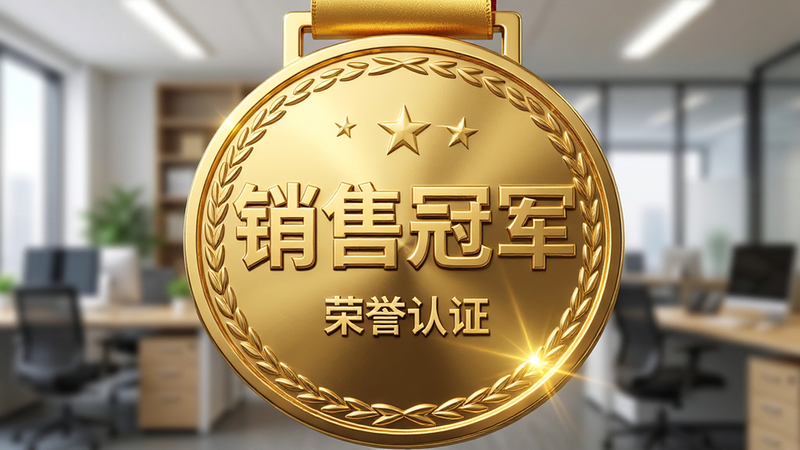 主体为金色奖牌特写,奖牌上刻有“销售冠军”字样,背景为模糊的办公环境,布局居中突出,排版庄重,风格荣誉表彰大气风,细节处有金属光泽质感,画质高清,干净,无多余元素,文字显示“销售冠军”、“荣誉认证”