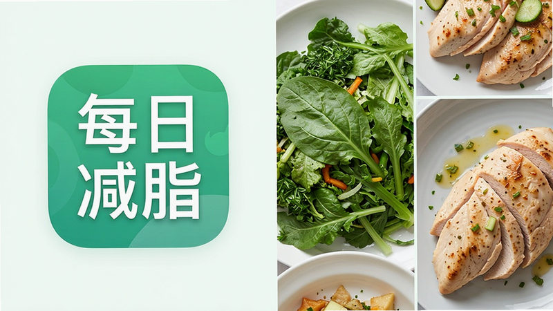 主体为手机界面展示,布局左侧显示“每日减脂”App图标,右侧展示精美的低卡餐食拼图,排版清晰,风格清新简约,细节包含绿叶蔬菜与鸡胸肉特写,画质高清,干净,无多余元素,文字“每日减脂”清晰可见