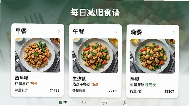 主体为食谱列表界面,布局采用卡片式排列,展示“早餐”、“午餐”、“晚餐”三个板块,排版整齐,风格现代简约,细节显示具体菜品名称与热量数值,画质清晰,干净,无多余元素,文字“每日减脂食谱”