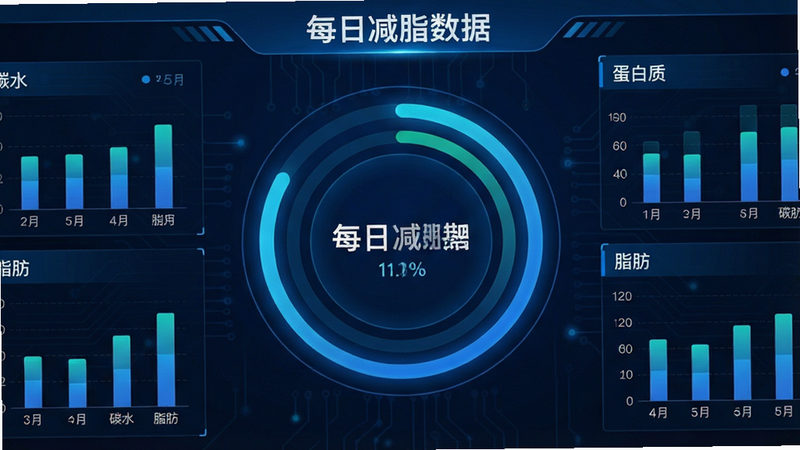 主体为数据仪表盘,布局中心为环形进度条,周围分布柱状图,排版平衡,风格科技感蓝色调,细节显示“蛋白质”、“碳水”、“脂肪”比例,画质高清,干净,无多余元素,文字“每日减脂数据”
