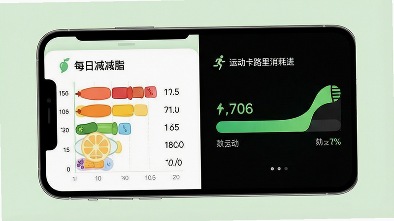生成一张展示“每日减脂”应用核心界面的概念图。主体为手机屏幕,左侧显示色彩丰富的食物热量对比图表,右侧显示动态的运动卡路里消耗进度条。布局采用左右分栏设计,排版简洁现代,风格清新健康,使用淡绿色和白色为主色调。细节处包含清晰的数字显示和简单的图标,画质高清,界面干净无多余元素,文字显示为“每日减脂”。