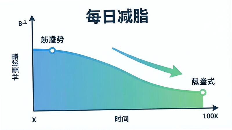 生成一张体重变化曲线图的概念插画。主体为坐标系,X轴为时间,Y轴为体重,曲线呈现平稳下降趋势,而非断崖式下跌。布局为标准图表排版,风格数据可视化设计,色彩使用蓝色和绿色渐变。细节包含关键节点标注和趋势箭头,画质清晰,直观展示健康减重理念,文字显示为“每日减脂”。