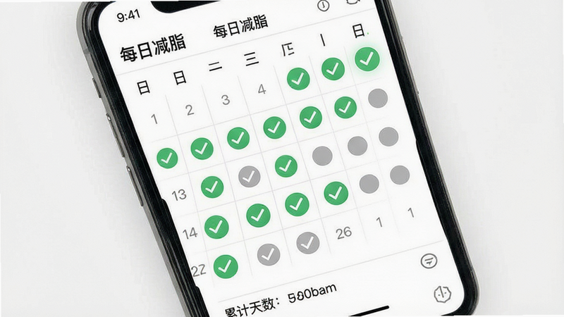 生成一张运动打卡日历界面的示意图。主体为手机屏幕上的月度日历视图,已打卡的日期显示为绿色的对勾图标,未打卡日期为灰色圆点。布局为标准的网格日历排版,风格极简主义,背景为纯白。细节处包含顶部的月份标题和底部的累计天数统计,画质清晰,视觉焦点集中在打卡进度上,文字显示为“每日减脂”。