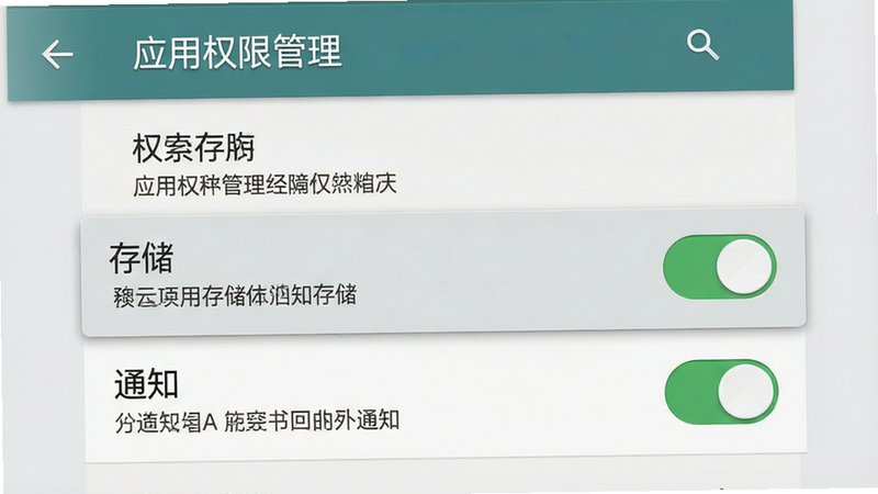 生成一张手机设置权限界面的示意图。主体为安卓系统设置中的“应用权限管理”页面,高亮显示“存储”和“通知”权限开关,状态为开启。布局为垂直列表式,排版清晰,风格拟物化与扁平化结合,背景为浅灰色。细节包含权限名称和描述文字,画质逼真,界面元素完整,文字显示为“每日减脂”。