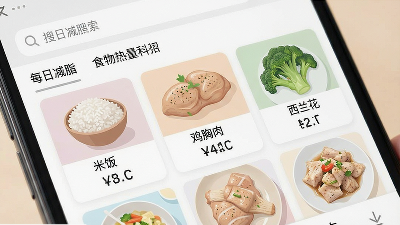 生成一张食物热量记录界面的特写图。主体为手机应用内的食物搜索页面,显示“米饭”、“鸡胸肉”、“西兰花”等食物卡片,每张卡片下方标注清晰的热量数值。布局为列表式垂直排列,排版整齐有序,风格扁平化设计,色彩柔和。细节包含搜索框和分类标签,画质细腻,界面清爽无广告干扰,文字显示为“每日减脂”。