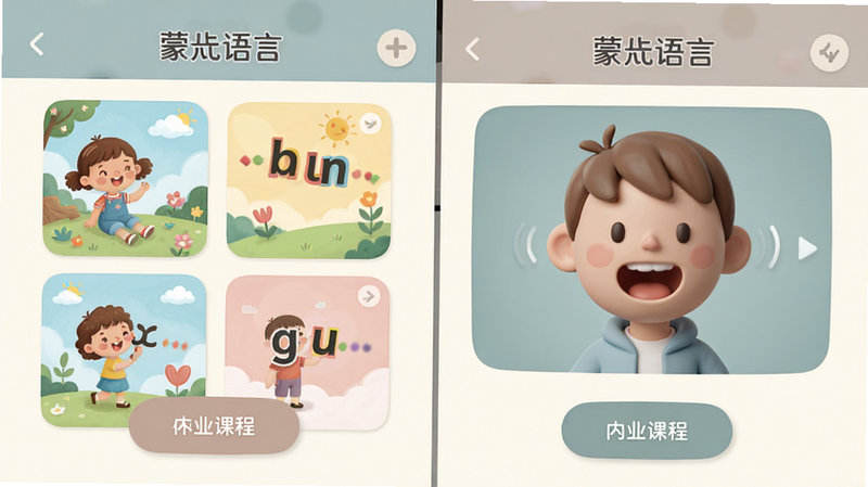 展示“蒙氏语言”APP内部课程界面的分屏设计图,左侧为色彩明亮的儿童插画风格单词卡片,右侧为对应的立体发音演示动画,界面布局整洁,按钮圆润可爱,配色采用低饱和度的莫兰迪色系,体现专业早教软件的精致感,高细节,无水印