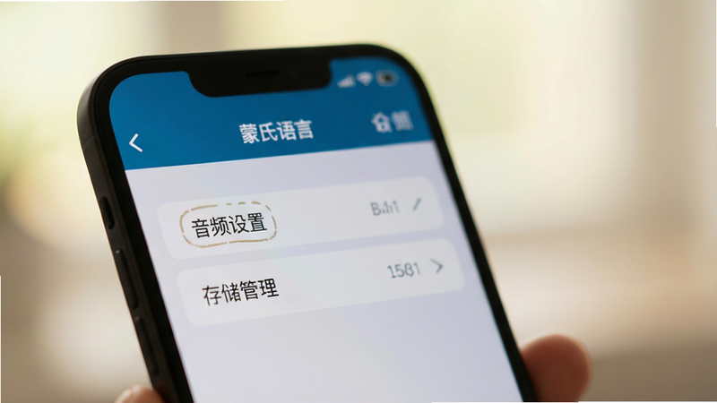 一张手机侧视图特写,手机屏幕上显示着“蒙氏语言”APP的设置界面,重点突出“音频设置”和“存储管理”选项,背景虚化,光线柔和,体现清晰的操作指引感,高清摄影风格,无文字水印