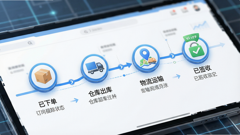 一张展示订单追踪流程的UI设计图,主体为时间轴界面,包含“已下单”、“仓库出库”、“物流运输”、“已签收”四个节点,节点图标分别为纸箱、卡车、地图标记、勾号,每个节点旁有状态说明文字,配色为科技蓝与白色,风格简约现代,细节精致,高清渲染,无杂乱元素