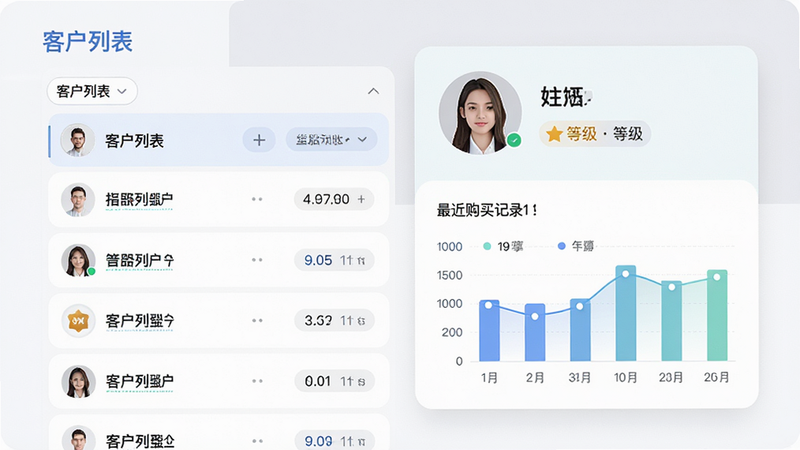 一张客户管理界面示意图,左侧为客户列表,右侧为详细资料卡片,包含头像、姓名、等级标识、最近购买记录图表,界面采用卡片式布局,圆角设计,颜色柔和,体现专业商务感,文字清晰可读,高清画质,干净背景