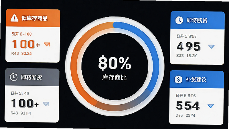 一张库存预警仪表盘界面图,中心为环形进度条显示库存占比,周围环绕三个数据卡片显示“低库存商品”、“即将断货”、“补货建议”,配色为橙色警示与蓝色正常状态,布局紧凑有序,图标直观,高清细节,无多余水印