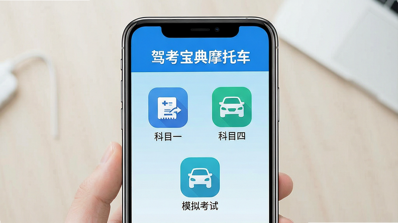 一张高清扁平化风格的应用界面展示图,主体为手机屏幕,屏幕中央显示“驾考宝典摩托车”APP首页,界面顶部有醒目的蓝色标题栏,下方排列着“科目一”、“科目四”、“模拟考试”三个大图标,图标设计简洁现代,背景为浅蓝色渐变,整体布局整洁,无多余装饰元素,画质清晰,色彩明亮