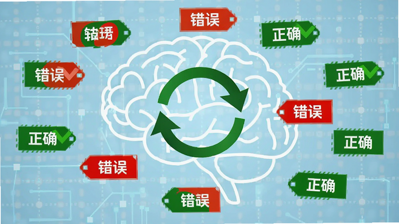 抽象概念图,展示一个大脑轮廓,周围环绕着红色的“错误”标签和绿色的“正确”标签,中间有一个循环箭头表示强化过程,背景为淡蓝色科技网格,风格现代简约,寓意智能学习与记忆强化,细节丰富,无杂乱元素,4k分辨率