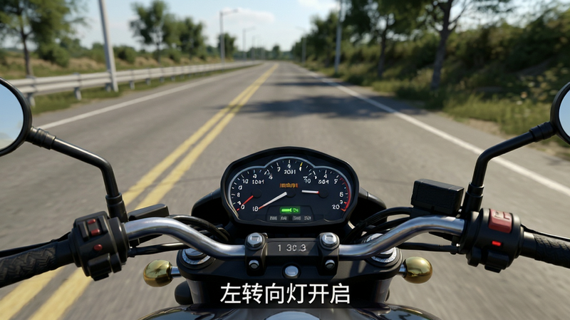 模拟驾驶视角的视频画面截图,显示摩托车仪表盘和前方道路,屏幕下方有操作提示文字“左转向灯开启”,画面清晰逼真,光影效果自然,体现真实驾驶场景,无广告干扰,画质细腻,符合移动端视频播放标准