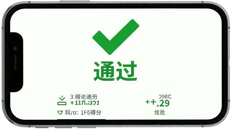 手机屏幕显示模拟考试结束界面,中央显示大大的绿色对勾和“通过”字样,下方列出各科得分情况,界面设计简洁明快,绿色调带来积极正向的情绪反馈,背景为纯色,无其他干扰元素,高清矢量风格