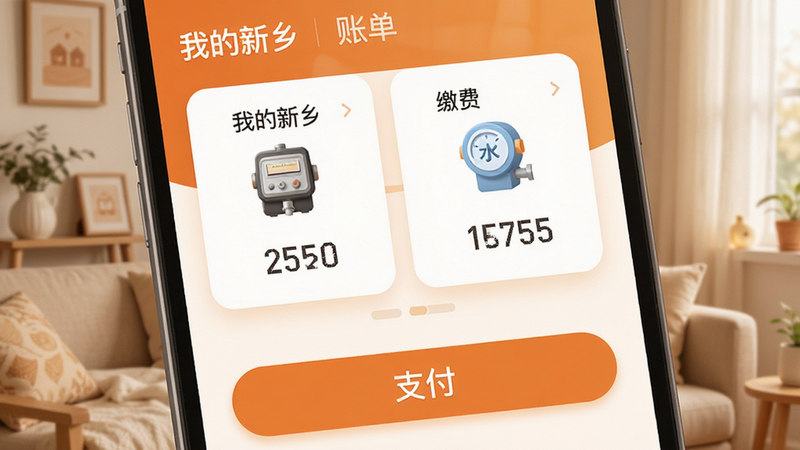 ����Ϊ���ҵ����硱APP����ɷ�ҳ�棬�����Ϸ�Ϊ�˵���Ƭ���·�Ϊ֧����ť�������ܰ�Ӽң�ɫ��ů��ɫϵ��ϸ��չʾ�����ˮ��ͼ�꼰������֣����ʾ��£��ɾ����޶���Ԫ�أ����֡��ҵ����硱�����ɷѡ������ɼ�