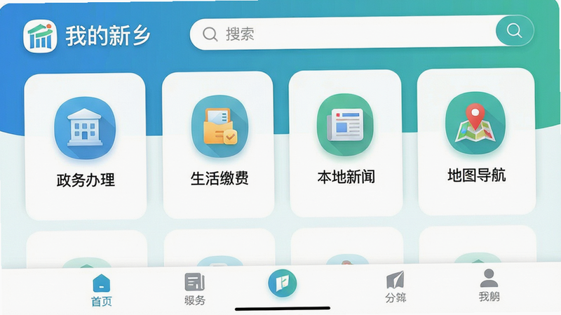 ����Ϊ���ҵ����硱APP����ȫ��ͼ�����ֲ��ñ�ƽ����ƣ�������ʾLogo�����������в��������С������������������ɷѡ������������š�������ͼ�������ĸ�����ͼ�꣬�ײ�Ϊ������������ִ���Լ��ɫ������������Ϊ����ϸ��չʾͼ����Ӱ��Բ�Ǵ��������ʸ��壬�ɾ����޶���Ԫ�أ����֡��ҵ����硱�����ɼ�
